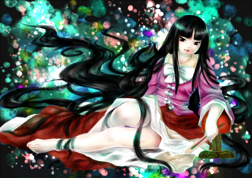 arm_rest barefoot black_eyes black_hair bow cattail commentary_request crescent eyeshadow female folded_fan folding_fan hand_fan houraisan_kaguya leaning leg_up lips lipstick long_hair long_sleeves looking_at_viewer makeup nagasehachi_koromoko nail_polish plant shirt sitting skirt solo touhou very_long_hair wide_sleeves yokozuwari