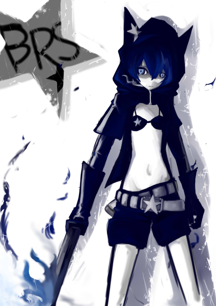 absurdres bikini black_rock_shooter black_rock_shooter_(character) black_shorts blue_eyes blue_hair commentary_request female highres hood hood_up midriff navel no_shirt oshin0_(zheng) shorts solo swimsuit sword weapon