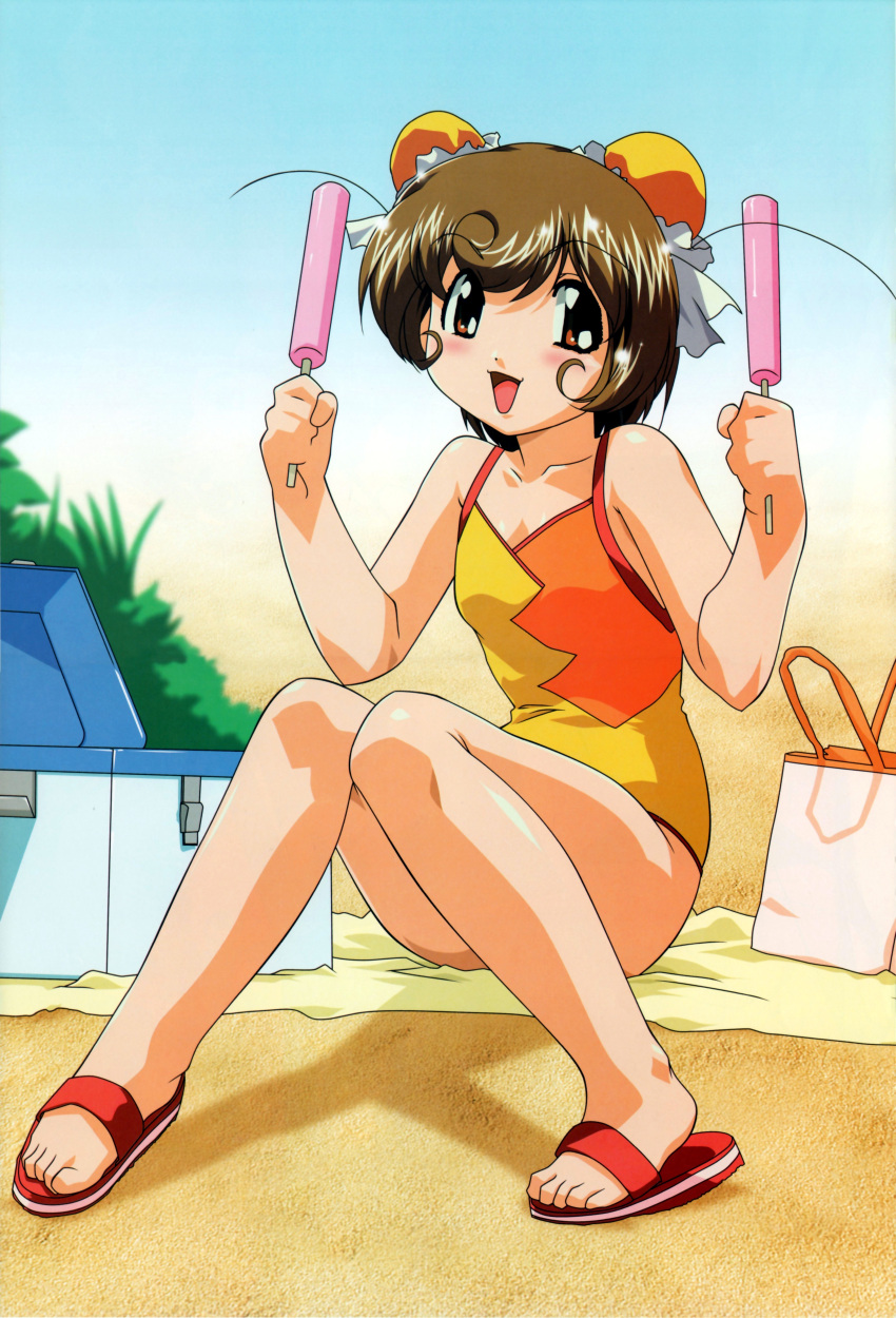 absurdres bag beach beach_towel brown_eyes brown_hair bun_cover cooler double_bun double_buns hamster_no_kurumi highres popsicle swimsuit tenshi_no_shippo towel