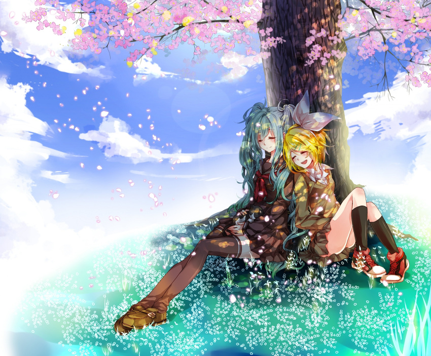 2girls aqua_hair bad_id bad_pixiv_id blonde_hair cherry_blossoms closed_eyes cloud conomi-c5 day feline hair_ornament hair_ribbon hairclip hatsune_miku highres kagamine_rin kneehighs loafers long_hair multiple_girls outdoors petals ribbon school_uniform serafuku shoes short_hair sitting skirt sky socks sweater thighhighs tree twintails under_tree very_long_hair vocaloid