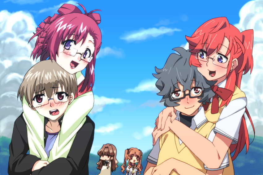 2boys 4girls age_difference ano_natsu_de_matteru blue_eyes creator_connection crossover glasses kazami_mizuho kusanagi_kei long_hair morino_ichigo multiple_boys multiple_girls onegai_teacher open_mouth photoshop_(medium) red_hair school_uniform short_hair skirt smile sweater_vest takatsuki_ichika tamura_yukari voice_actor_connection yamano_remon