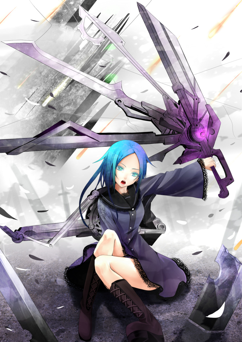 absurdres bad_id bad_pixiv_id blue_eyes blue_hair boots dress female highres lace open_mouth original reio_reio sitting solo weapon