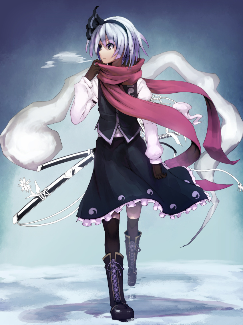 black_hairband black_thighhighs boots breath brown_gloves colorized commentary_request cross-laced_footwear female flask_(pandora) full_body gloves grey_hair hairband highres hitodama knee_boots konpaku_youmu konpaku_youmu_(ghost) lace-up_boots over-kneehighs photoshop_(medium) red_scarf scabbard scarf sheath short_hair snow solo sword thighhighs touhou walking weapon winter zettai_ryouiki