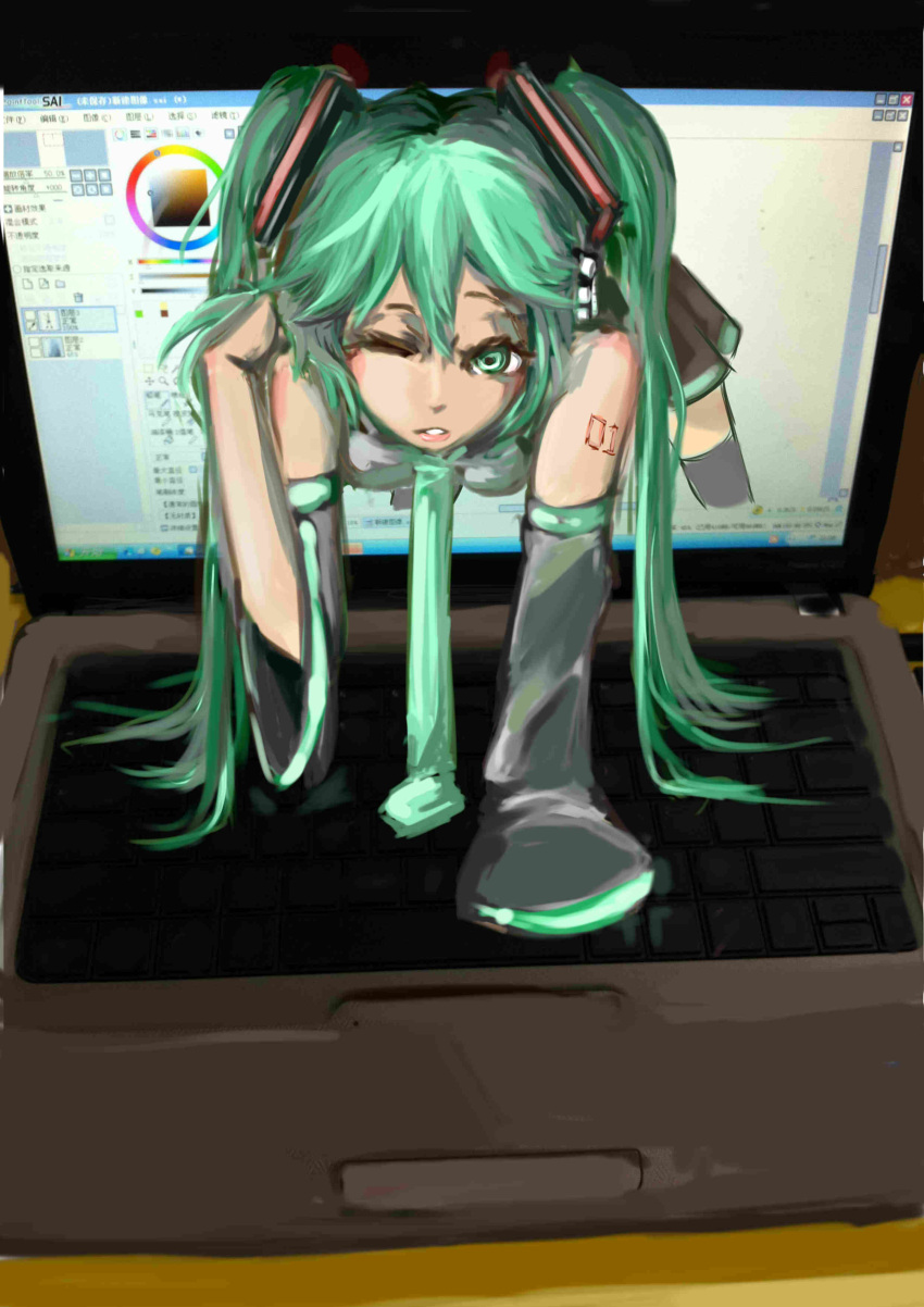 absurdres bad_id bad_pixiv_id detached_sleeves female green_eyes green_hair hatsune_miku highres long_hair necktie oshin0_(zheng) skirt solo thighhighs twintails very_long_hair vocaloid