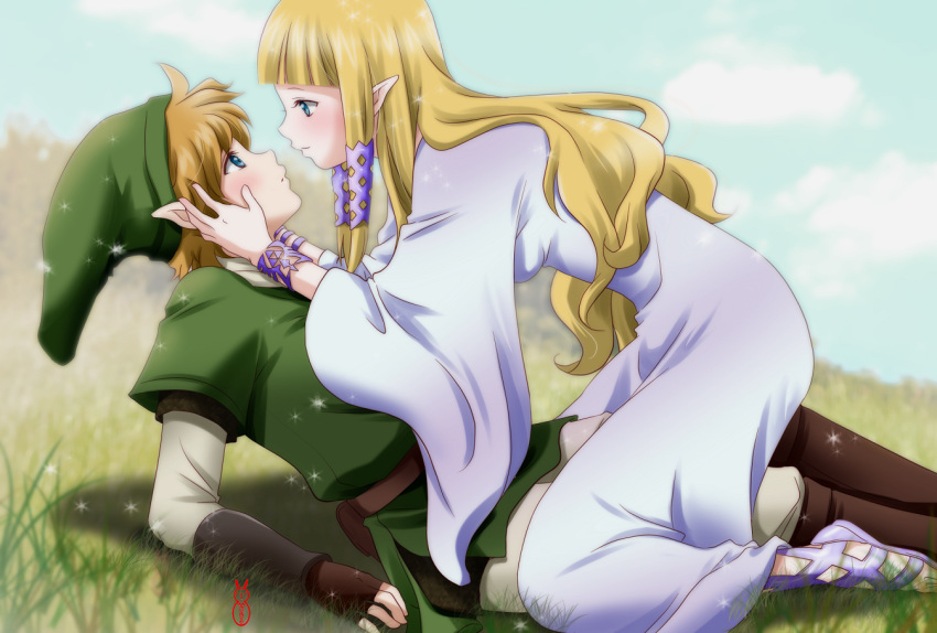 1boy bad_id bad_pixiv_id blonde_hair blue_eyes blush bracelet female gloves hat jewelry link long_hair machinosuke pointy_ears princess_zelda the_legend_of_zelda the_legend_of_zelda:_skyward_sword