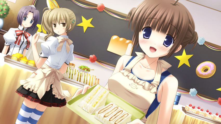 apron blue_eyes brown_eyes brown_hair food game_cg ikegami_akane makiya_sumika school_swimsuit seifuku swimsuit tezuka_yumimi thighhighs with_ribbon