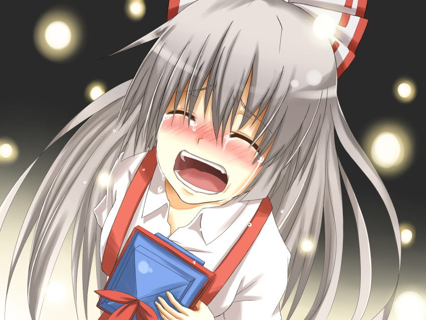 blush bow closed_eyes commentary_request crying female flask_(pandora) foreshortening from_above fujiwara_no_mokou grey_hair hairbow hat light_particles long_hair open_mouth solo suspenders tears touhou