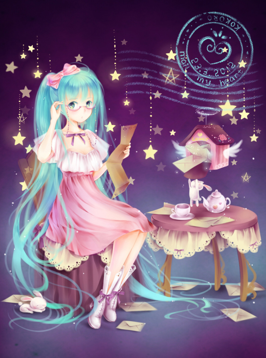 adjusting_eyewear aqua_eyes aqua_hair bad_id bad_pixiv_id chair cup dress emurina envelope female glasses hatsune_miku high_heels highres letter long_hair looking_at_viewer photoshop_(medium) postmark rabbit shoes sitting solo star_(symbol) table teacup teapot twintails very_long_hair vocaloid