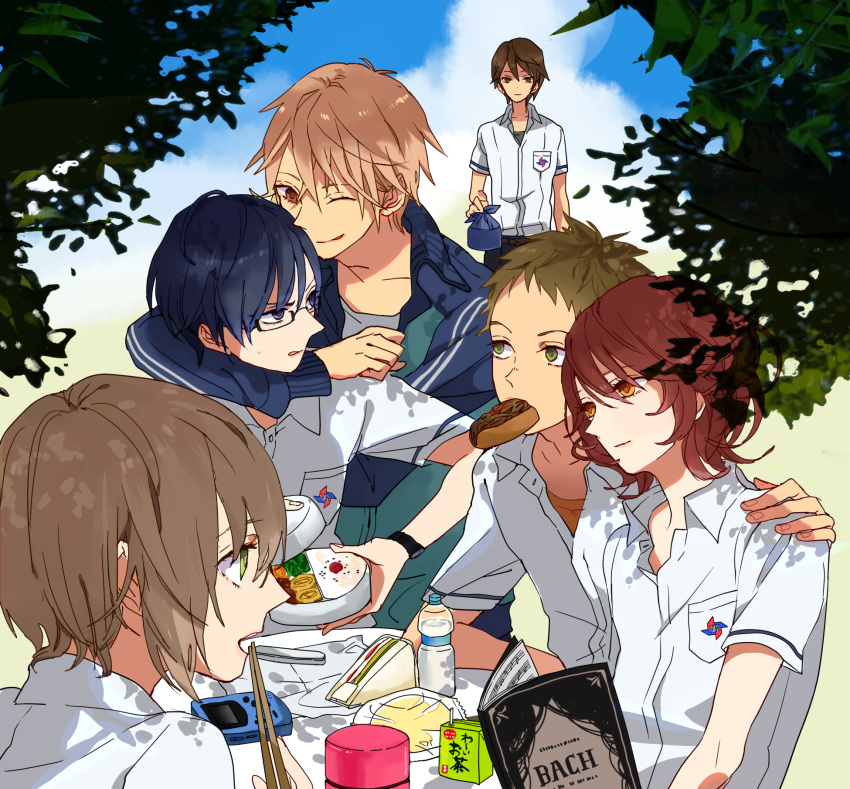 6+boys another bento black_hair book brown_hair chopsticks commentary_request food glasses highres jacket kazami_tomohiko lastgray mochizuki_yuuya multiple_boys ouji_makoto rice sakakibara_kouichi sandwich saruta_noboru school_uniform teshigawara_naoya track_jacket yakisoba yakisobapan yomiyama_north_junior_high_school_uniform