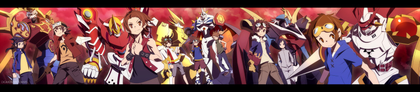 6+boys absurdres armor bad_id bad_pixiv_id belt black_hair blue_eyes brown_eyes brown_hair buckle cape claws coat daimon_masaru_(digimon_savers) digimon digimon_(creature) digimon_adventure digimon_adventure_02 digimon_frontier digimon_savers digimon_tamers digimon_xros_wars digital_hazard dukemon fur_coat gloves goggles green_eyes hajime_(hajime-ill-1st) highres hood hoodie horns ichijouji_ken imperialdramon imperialdramon_fighter_mode ishida_yamato kanbara_takuya kudou_taiki lance letterboxed long_sleeves matsuda_takato minamoto_kouji monster motomiya_daisuke multiple_boys omegamon omegashoutmon polearm shinegreymon short_hair short_sleeves shorts spikes susanoomon weapon wide_image wings yagami_taichi yellow_eyes