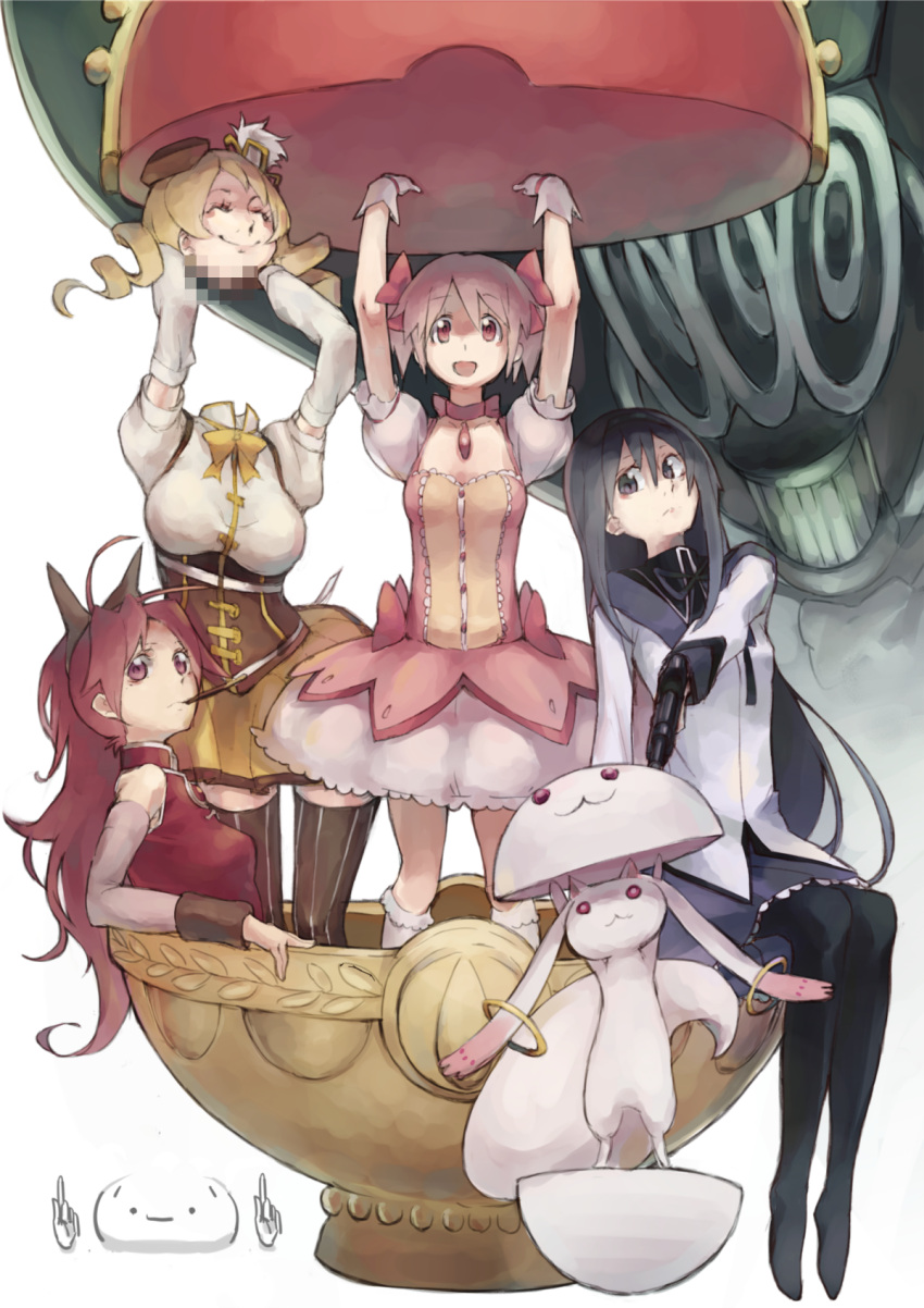 4girls :d ^_^ akemi_homura akemi_homura_(magical_girl) bare_shoulders black_eyes black_hair blonde_hair breasts censored choker closed_eyes commentary_request detached_sleeves dress drill_hair flat_chest gun hair_ornament hair_ribbon handgun hat highres holding holding_head kaname_madoka kaname_madoka_(magical_girl) large_breasts long_hair mahou_shoujo_madoka_magica mahou_shoujo_madoka_magica_(anime) mami_mogu_mogu meme mosaic_censoring multiple_girls oktavia_von_seckendorff open_mouth pantyhose parody pink_eyes pink_hair pisoshi ponytail red_eyes red_hair ribbon ribbon_choker sakura_kyoko sakura_kyoko_(magical_girl) sazae-san sazae-san_food_gag_(meme) small_breasts smile spoilers standing thighhighs tomoe_mami tomoe_mami_(magical_girl) twin_drills twintails weapon