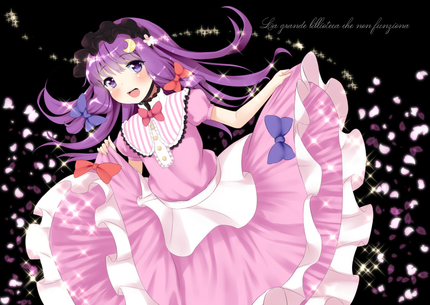 alternate_costume bad_id bad_pixiv_id blush bow crescent crescent_hair_ornament dress female hair_ornament hairbow highres long_hair patchouli_knowledge petals pink_dress pokachu purple_eyes purple_hair smile solo touhou