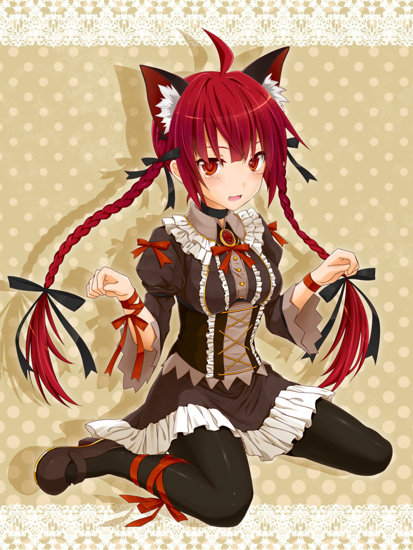 ahoge alternate_costume animal_ears black_pantyhose braid cat_ears chinese_commentary colorized commentary_request female highres kaenbyou_rin kikugetsu leg_ribbon long_hair midnight_(banyex) oerba_yun_fang pantyhose red_eyes red_hair ribbon sitting skirt skirt_set solo touhou twin_braids wariza wrist_ribbon