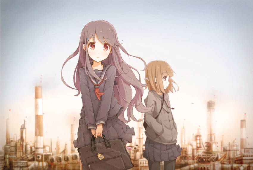 2girls awakumo bad_id bad_pixiv_id bag black_eyes black_hair black_legwear blunt_bangs blush brown_hair collarbone expressionless factory hair_ornament hairclip hands_in_pockets hood hoodie industrial long_hair long_sleeves looking_at_viewer multiple_girls original outdoors pantyhose profile red_eyes satchel school_bag school_uniform serafuku short_hair smokestack very_long_hair wind