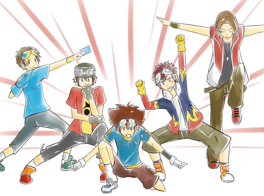 5boys brown_eyes brown_hair coat commentary_request daimon_masaru_(digimon_savers) digimon digimon_adventure digimon_adventure_02 digimon_frontier digimon_savers digimon_tamers finalelysion fur_coat ginyu_force_pose gloves goggles hat hood hoodie kanbara_takuya matsuda_takato motomiya_daisuke multiple_boys outstretched_arms parody red_eyes short_hair shorts socks spread_arms standing vest wrist_cuffs yagami_taichi