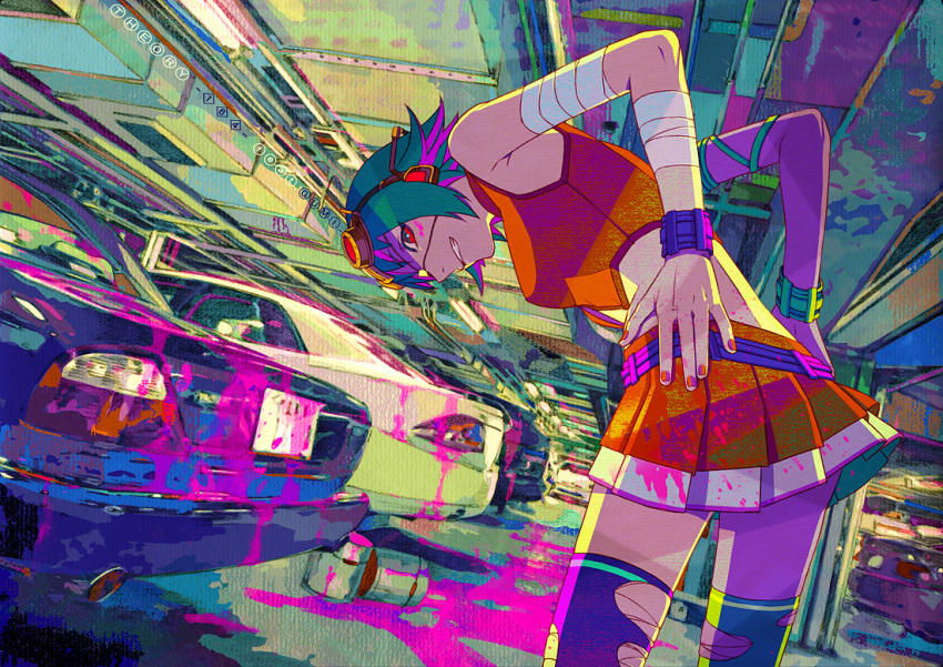 bandages bare_shoulders bucket car colorful commentary_request dutch_angle eyepatch female from_behind garage goggles goggles_on_head green_hair grin gumi hands_on_own_hips headset looking_at_viewer motor_vehicle nail_polish paint paint_splatter parking_garage perspective photoshop_(medium) short_hair smile solo thighhighs torn_clothes torn_thighhighs vocaloid wristband zain