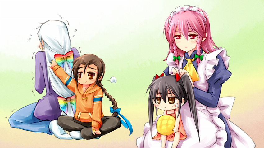 2boys 2girls aged_down braid bread casual commentary_request food khamsin_nbh'w long_hair maid melon_bread merihim multiple_boys multiple_girls piku shakugan_no_shana shana wilhelmina_carmel