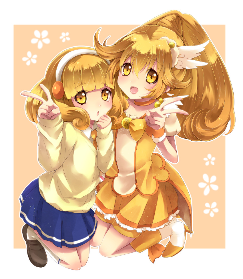 2girls :d :o absurdres blonde_hair bow choker commentary_request cure_peace dual_persona hair_flaps hair_ornament hairband hand_to_own_mouth highres multiple_girls nanairogaoka_middle_school_uniform open_mouth orange_choker photoshop_(medium) precure sakura_ran school_uniform shorts shorts_under_skirt skirt smile smile_precure v white_hairband wide_ponytail yayoi_kise yellow_bow yellow_eyes yellow_shorts yellow_skirt yellow_theme