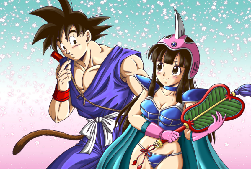 1boy armor banana_leaf bikini_armor black_hair blunt_bangs blush breasts cape chi-chi_(dragon_ball) cleavage closed_mouth collarbone commentary_request dougi dragon_ball dragon_ball_(classic) female gloves groin hand_fan helmet holding holding_fan leaf_fan long_hair looking_at_another masa_(p-piyo) medium_breasts monkey_tail muscular pauldrons pectorals pink_headwear pole rope ruyi_jingu_bang shoulder_armor smile son_goku spiked_hair tail war_fan wristband