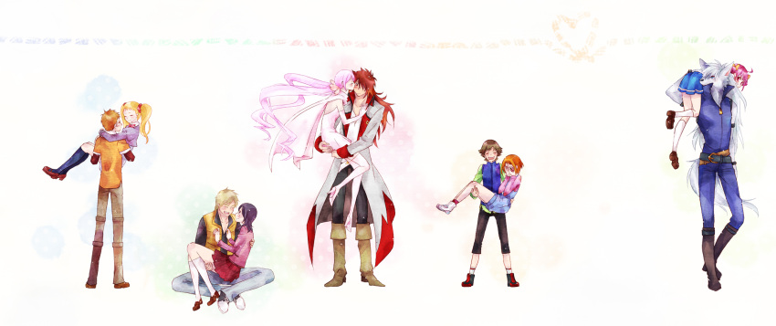 5boys 5girls amai_shirou bad_id bad_pixiv_id blonde_hair blush brown_hair carrying closed_eyes couple dress fresh_precure! furry furry_male furry_with_non-furry heartcatch_precure! higashi_setsuna highres hoshizora_miyuki in-franchise_crossover interspecies kasugano_urara_(yes!_precure_5) kissing kissing_cheek kumojacky long_hair messy_hair minamino_souta mugen_silhouette multiple_boys multiple_girls nanairogaoka_middle_school_uniform nishi_hayato noah_(livas) orange_hair photoshop_(medium) pink_hair precure princess_carry purple_hair red_hair school_uniform shirabe_ako short_hair smile smile_precure straight suite_precure syrup_(yes!_precure_5) twintails werewolf white_background white_hair wolf_boy wolfrun yes!_precure_5