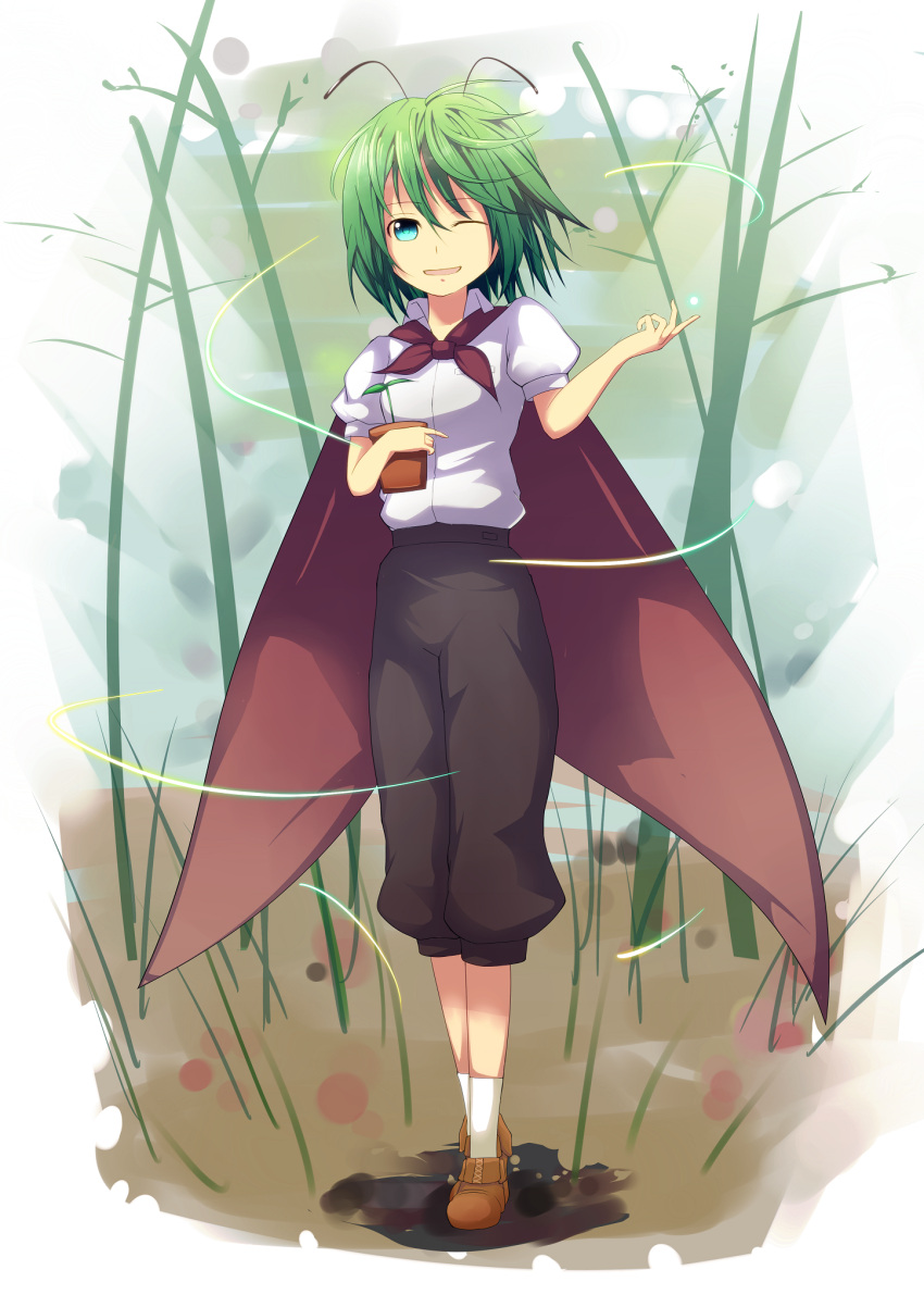 ;) antennae bad_id bad_pixiv_id blue_eyes cape dress_shirt female green_hair hidaka_kouyou highres holding one_eye_closed pants plant potted_plant shirt smile socks solo touhou walking white_socks wings wriggle_nightbug