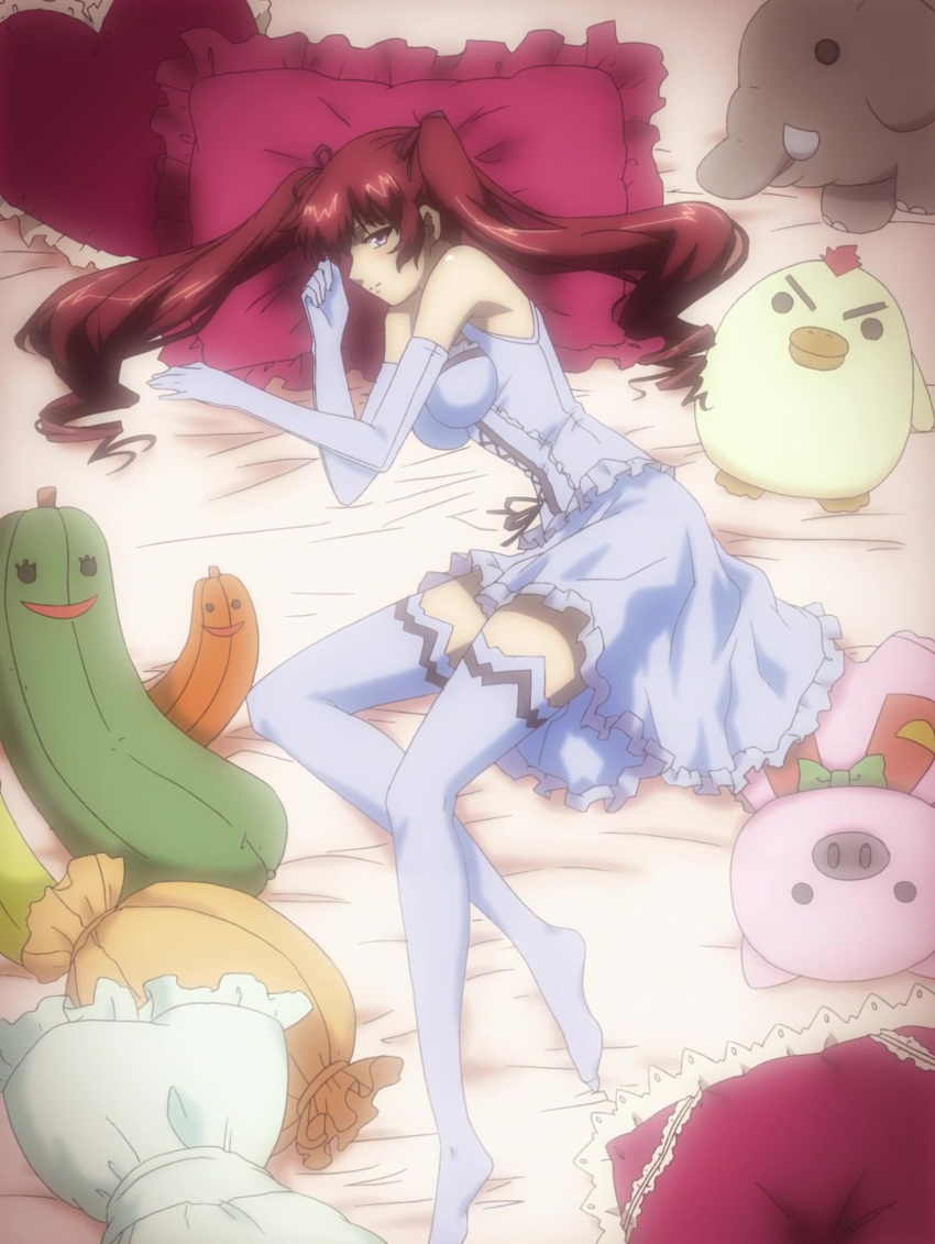 absurdres anime_screenshot bare_shoulders bed blush breasts corset elbow_gloves female freezing_(series) frilled_pillow frills genessa_roland gloves heart highres imageboard_desourced legs long_legs lying medium_breasts no_shoes non-web_source on_bed on_side photoshop_(medium) pillow red_hair solo stitched stuffed_animal stuffed_toy thighhighs third-party_edit white_thighhighs zettai_ryouiki