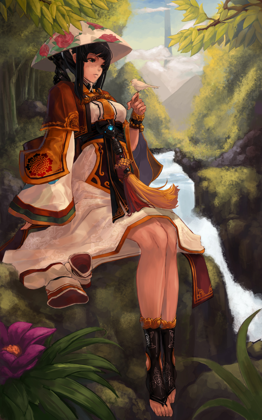 absurdres anklet bird black_hair cloud clouds dfo dnf dungeon_and_fighter dungeon_fighter_online female female_gunner female_gunner_(dungeon_and_fighter) flower highres jewelry korean_clothing plant plants tree trees water waterfall