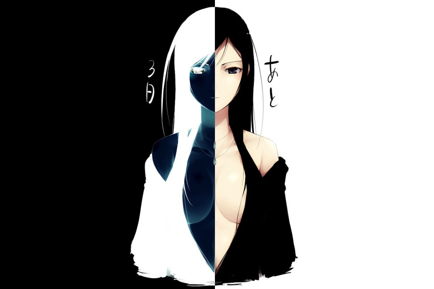 armor bare_shoulders black_hair black_vs_white breastplate center_opening contrast female jewelry kyo_(kuroichigo) long_hair maria-sama_ga_miteru necklace negative ogasawara_sachiko solo split_screen split_theme symmetry third-party_edit