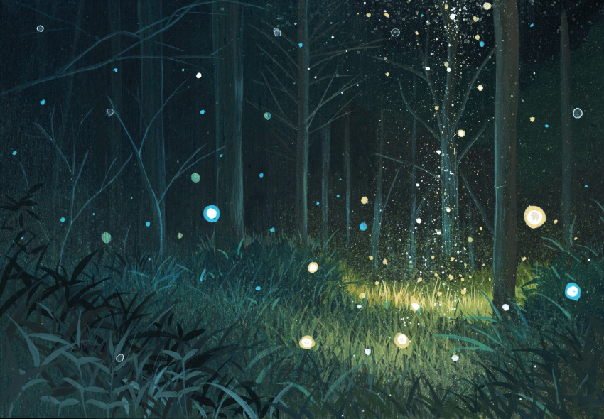 acrylic_paint_(medium) bad_id bad_pixiv_id dark forest gemi grass highres lights nature night no_humans original outdoors painting_(medium) photoshop_(medium) scenery traditional_media tree