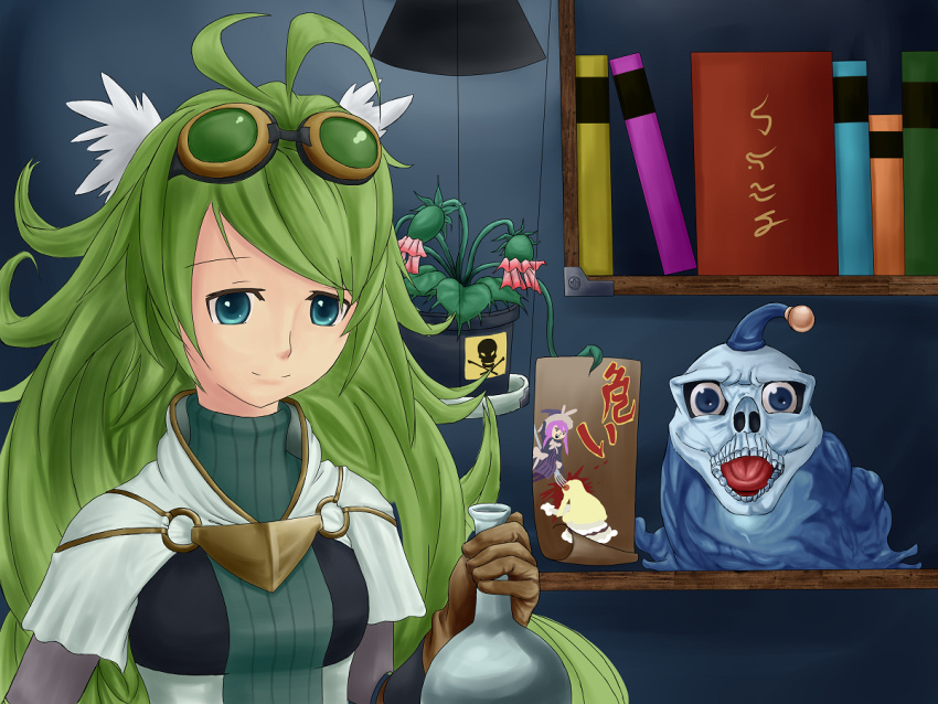 ahoge alchemic_magician blue_eyes book duel_monster goggles green_hair long_hair madolche_magileine plant twin_ahoge water_spirit yu-gi-oh!