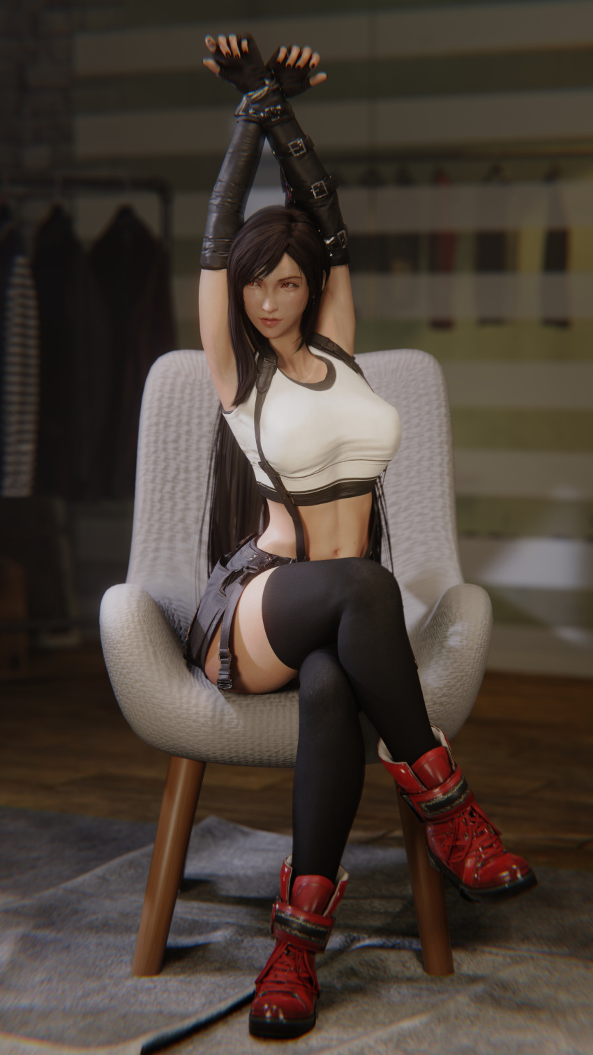 1girls 3d armpits arms_up bare_midriff black_hair blender boots clothed clothed_female clothing elbow_gloves female female_focus female_only final_fantasy final_fantasy_vii final_fantasy_vii_remake fully_clothed high_resolution highres long_hair nonude pose posing red_eyes sitting sitting_on_chair solo stockings strauzek sweat sweating sweaty tank_top thigh_highs thighhighs tifa_lockhart wet wet_skin