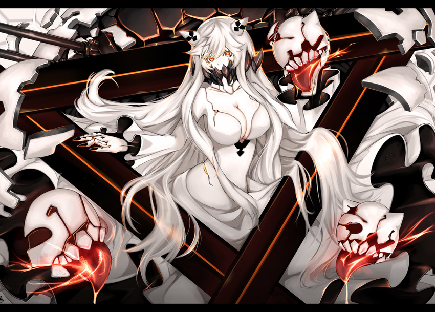 breasts cleavage dress essagna horns kantai_collection long_hair midway_hime red_eyes white_hair