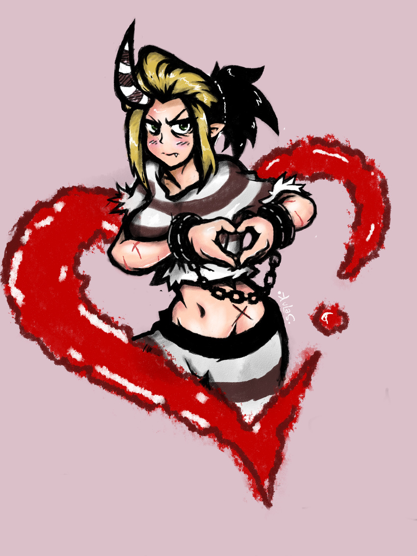 blush crop_top cuffs female green_eyes heart heart_hands highres horns long_hair midriff moe_moe_kyun! navel oerba_yun_fang pointy_ears ponytail prison_clothes scar scythana shackles shirt single_horn skullgirls solo striped_clothes striped_shirt zferolie