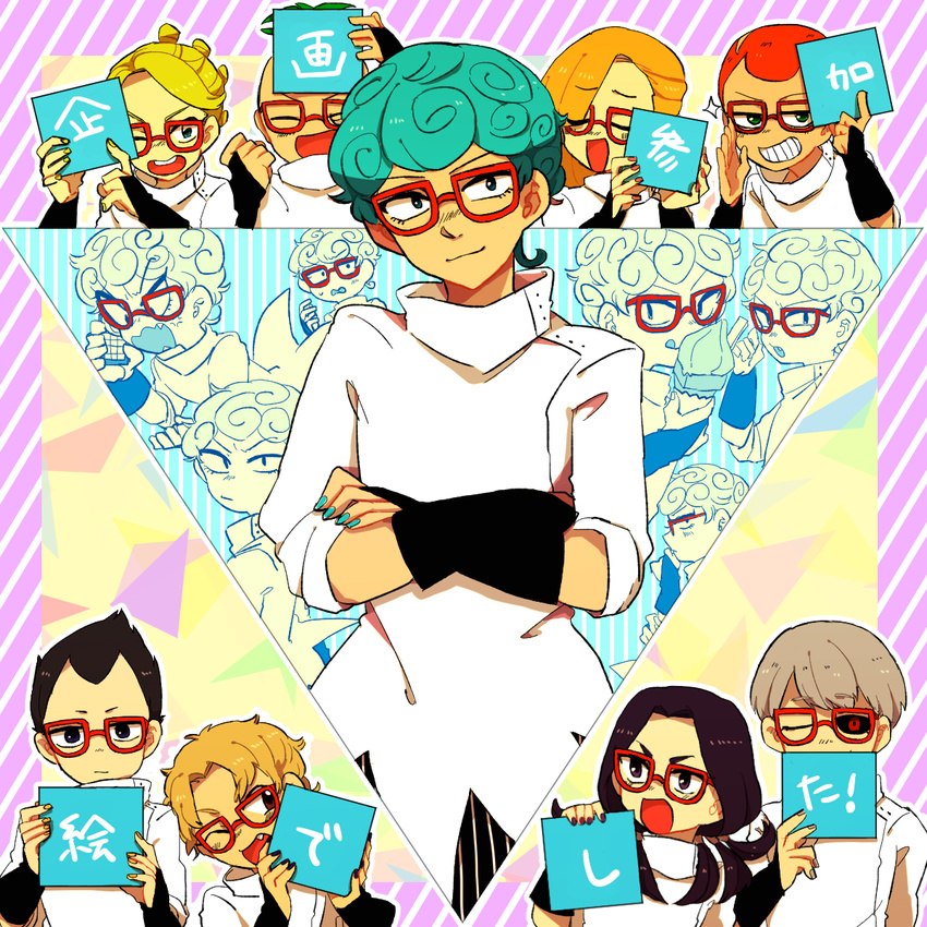 6+boys aqua_hair aqua_nails bespectacled black_hair black_nails black_sclera blonde_hair cellphone closed_eyes colored_sclera commentary_request cosplay crossed_arms curly_hair formaggio gelato ghiaccio ghiaccio_(cosplay) glasses grey_hair grin highres illuso jojo_no_kimyou_na_bouken melone multiple_boys nail_polish oerba_yun_fang one_eye_closed open_mouth pesci phone prosciutto red_eyes red_hair red_nails risotto_nero ruri_(347sankaku) smile sorbet sparkle tongue tongue_out translation_request vento_aureo