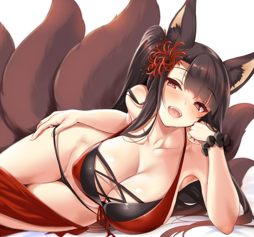 akagi_(azur_lane) animal_ears azur_lane bangs bare_shoulders bikini bikini_pull black_bikini_bottom blunt_bangs blush bracelet breasts brown_hair cleavage collarbone eyebrows_visible_through_hair eyeliner fangs female flower fox_ears fox_tail front-tie_bikini front-tie_top hair_flower hair_ornament head_rest heart heart-shaped_pupils highres huge_breasts jewelry kitsune kure_masahiro legs legs_together long_hair looking_at_viewer lying makeup multiple_tails on_side open_mouth pussy_peek red_bikini_top red_eyes sarong scrunchie simple_background smile solo swimsuit symbol-shaped_pupils tail thigh_gap thighs white_background wrist_scrunchie