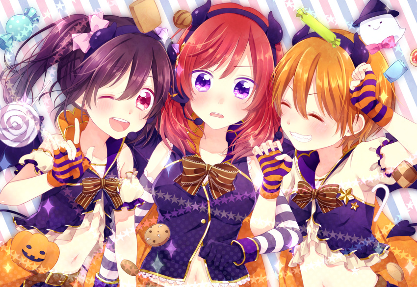 black_hair blush bow candy food gloves halloween headband hinano horns hoshizora_rin lollipop love_live!_school_idol_project microphone navel nishikino_maki orange_hair pumpkin purple_eyes red_eyes red_hair ribbons short_hair twintails wink yazawa_nico