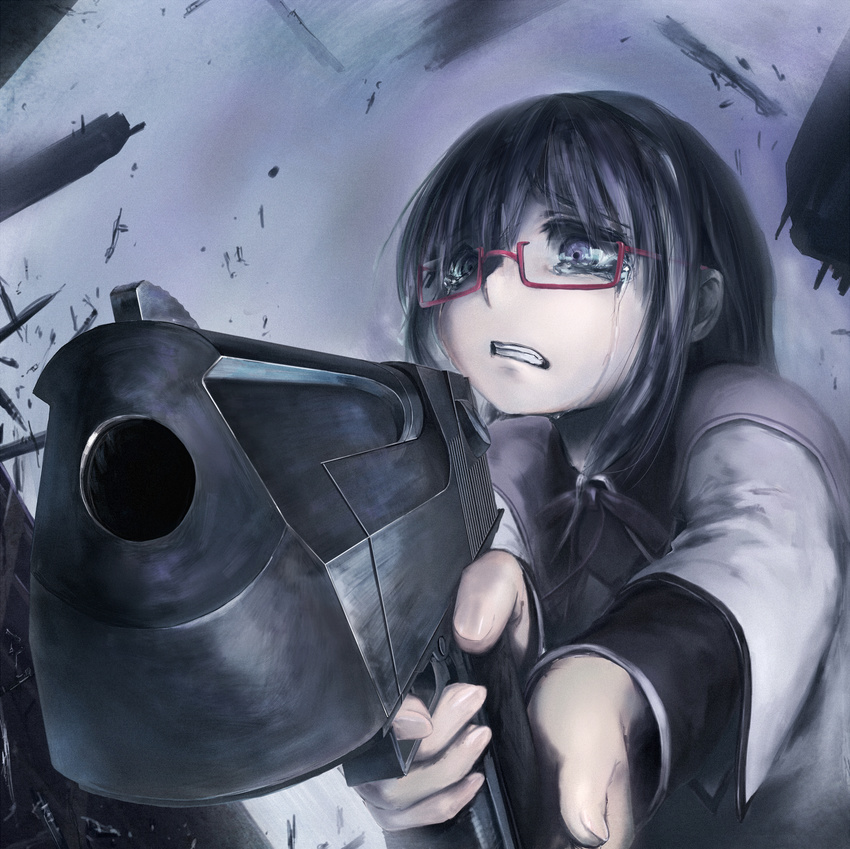 aiming aiming_at_viewer akemi_homura akemi_homura_(magical_girl) black_hair commentary_request crying crying_with_eyes_open desert_eagle female foreshortening glasses gun handgun highres holding holding_gun holding_weapon kath long_hair mahou_shoujo_madoka_magica mahou_shoujo_madoka_magica_(anime) purple_eyes red-framed_eyewear semi-rimless_eyewear solo tears weapon