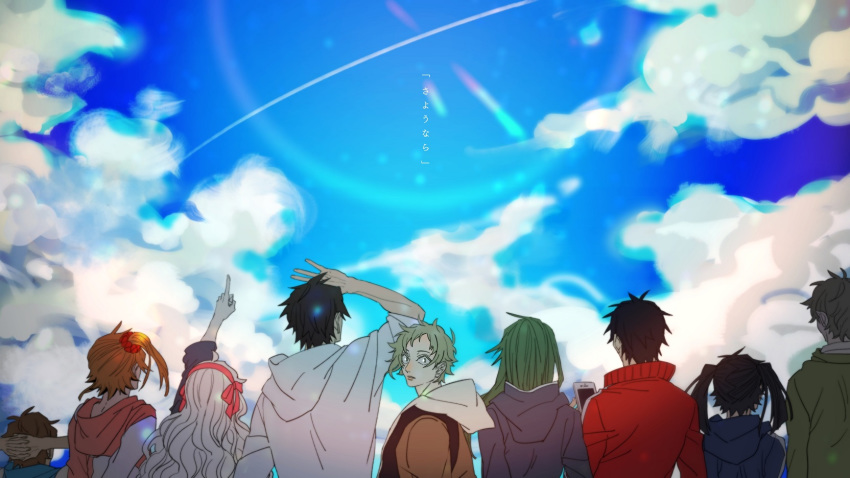 4girls 5boys amamiya_hibiya arm_up arms_behind_head black_hair black_jacket blonde_hair blue_shirt blue_skirt blue_sky bow bow_hairband brown_hair brown_jacket cardigan cellphone cloud collared_jacket collared_shirt colored_eyelashes commentary_request contrail day enomoto_takane expressionless facing_away from_behind goodbye green_cardigan green_hair grey_hair grey_hoodie hair_ornament hair_scrunchie hairband highres holding holding_phone hood hood_down hooded_jacket hoodie interlocked_fingers jacket kagerou_project kano_shuuya kido_tsubomi kisaragi_momo kisaragi_shintarou kokonose_haruka kozakura_marry letterboxed long_hair looking_afar looking_at_viewer looking_back multiple_boys multiple_girls nekome3 orange_hair outdoors own_hands_together phone pink_bow pink_hairband pink_hoodie pink_ribbon pointing red_jacket red_scrunchie ribbon scrunchie seto_kousuke shading_eyes shirt short_hair side_ponytail skirt sky sky_focus smartphone summertime_record_(vocaloid) track_jacket turning_head twintails upper_body wavy_hair white_hair white_hoodie white_shirt yellow_eyes