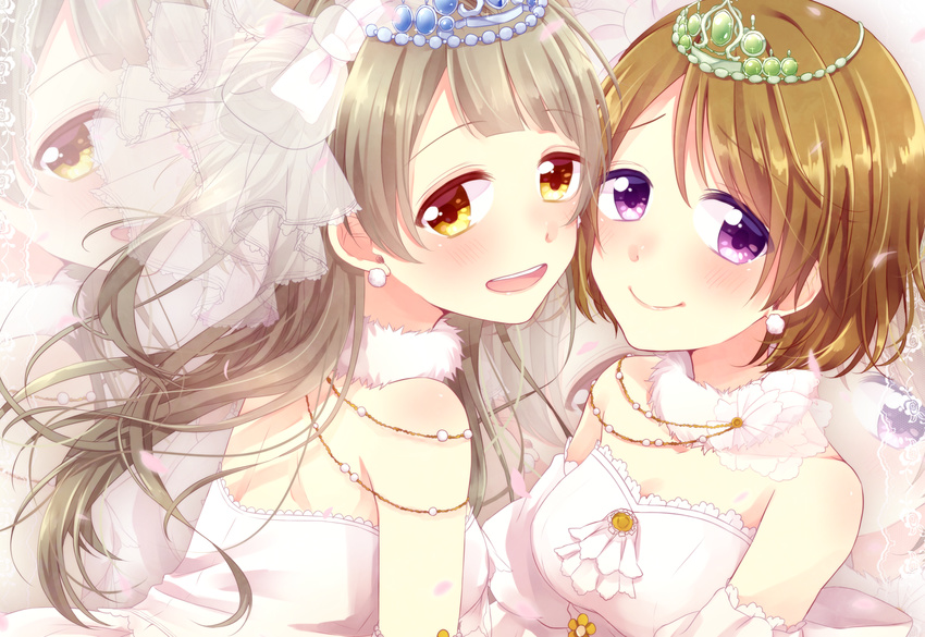 2girls blue_eyes blush breasts brown_hair choker cleavage dress hinano koizumi_hanayo love_live!_school_idol_project minami_kotori necklace petals purple_eyes tiara wedding_attire