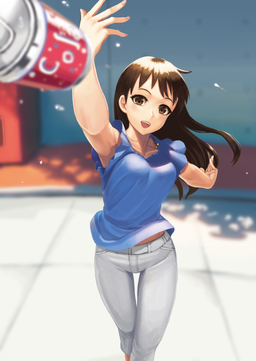 :d arm_up armpits blue_shirt blurry blurry_background blurry_foreground breasts brown_eyes brown_hair can collarbone commentary day denim depth_of_field drink_can female fingernails floating_hair head_tilt highres incoming_drink jeans jewelry long_hair looking_at_viewer medium_breasts necklace onee-san_(penguin_highway) open_mouth outdoors outstretched_arm panties pants penguin_highway ranma_(kamenrideroz) shirt short_sleeves smile soda_can solo standing sunlight teeth thigh_gap throwing tree_shade underwear upper_teeth_only vending_machine white_pants