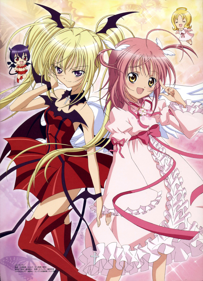 2girls absurdres ahoge amulet_angel angel angel_and_devil bare_shoulders blonde_hair blush bow chibi choker cross demon demon_girl demon_wings devil dress el_(shugo_chara!) flat_chest frills guardian_chara happy head_wings highres hinamori_amu hoshina_utau il_(shugo_chara!) long_hair lunatic_charm magical_girl megami minigirl mishima_rika multiple_girls pink_hair purple_eyes ribbon scan shugo_chara! smile strapless strapless_dress thighhighs twintails wings yellow_eyes