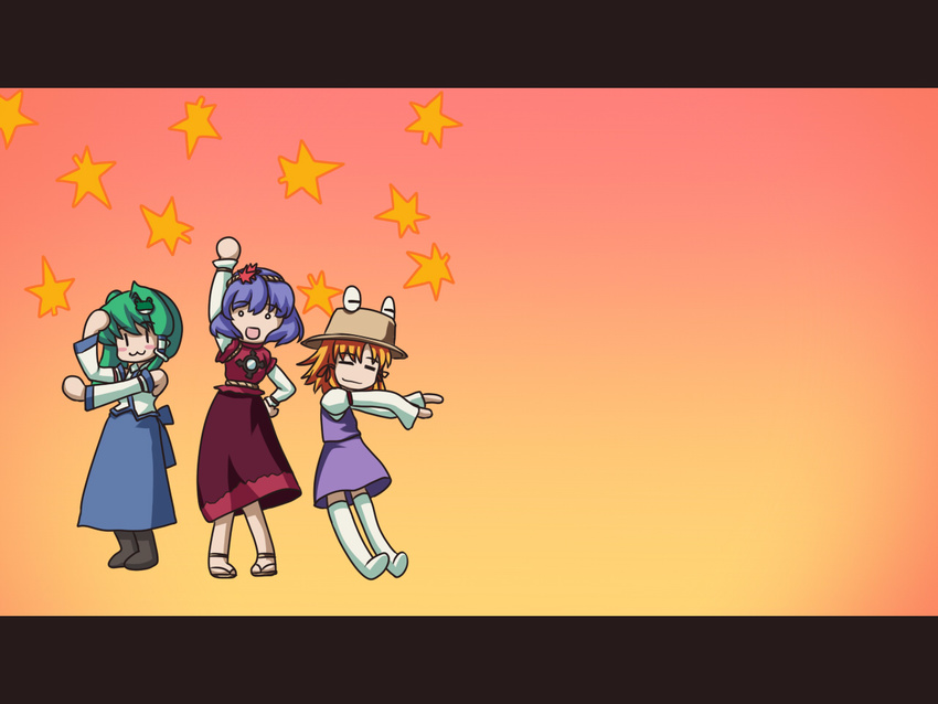 3girls :3 =_= blonde_hair blue_hair blush_stickers commentary_request detached_sleeves dress green_hair hand_on_own_hip hat kneehighs kochiya_sanae kodomo_no_jikan leaf maple_leaf moriya_suwako multiple_girls o_o open_mouth parody sandals short_hair smile socks tdk the_monkey touhou waving wavy_arms yasaka_kanako |_|