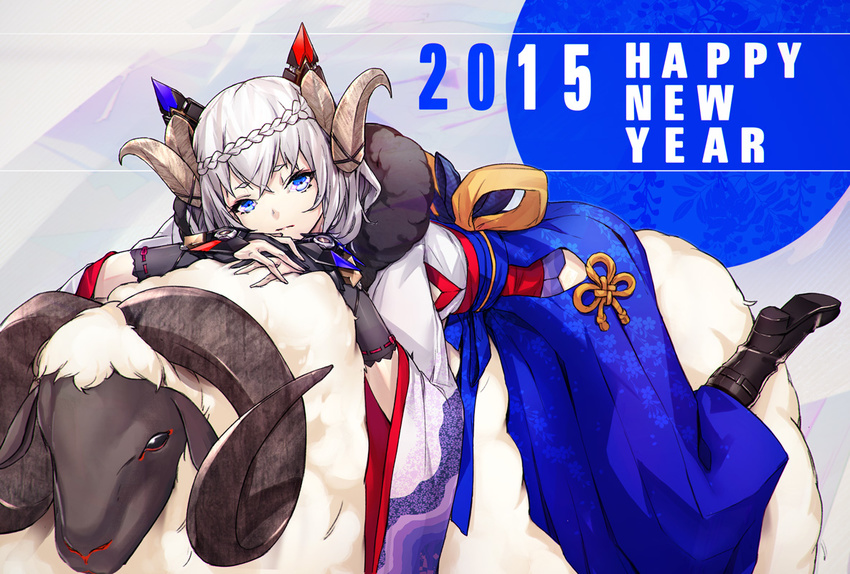 animal blue_eyes boots gloves gray_hair horns japanese_clothes long_hair original sheep sheepgirl yucca-612