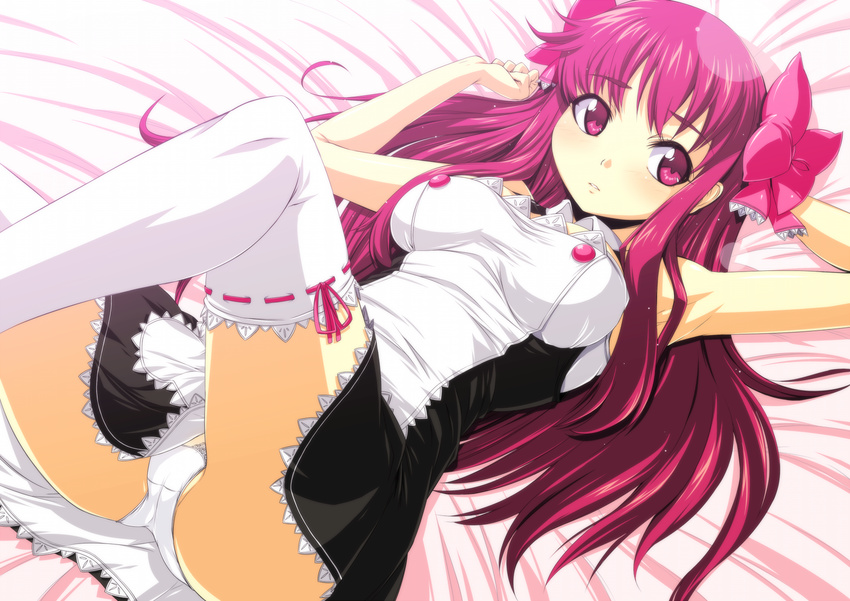 amane_(dream_c_club) commentary_request dream_c_club dream_c_club_(series) dream_c_club_zero female highres long_hair lying on_back onija_tarou panties pink_eyes pink_hair ribbon sleeveless solo thighhighs underwear white_panties white_thighhighs