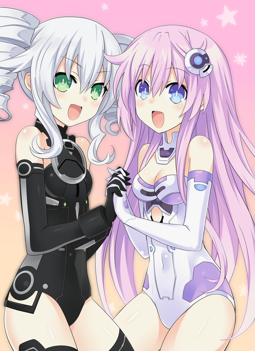 2girls :d bare_shoulders black_legwear black_leotard black_sister blue_eyes blush breasts choujigen_game_neptune_mk2 cleavage commentary_request covered_navel cowboy_shot drill_hair elbow_gloves gloves gradient_background green_eyes hair_ornament highres holding_hands interlocked_fingers leotard long_hair looking_at_viewer medium_breasts multiple_girls neptune_(series) open_mouth orange_background pink_background pink_hair power_symbol power_symbol-shaped_pupils purple_sister sidelocks small_breasts smile star_(symbol) symbol-shaped_pupils thighhighs twin_drills white_hair white_leotard yuri zero_(ray_0805)