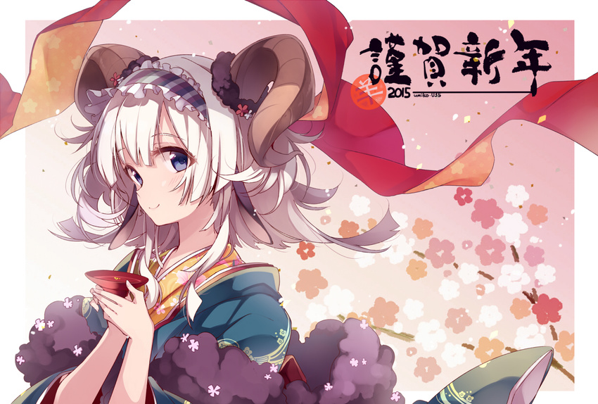 blonde_hair blue_eyes drink flowers headband horns japanese_clothes original sake sheepgirl umiko_(munemiu)