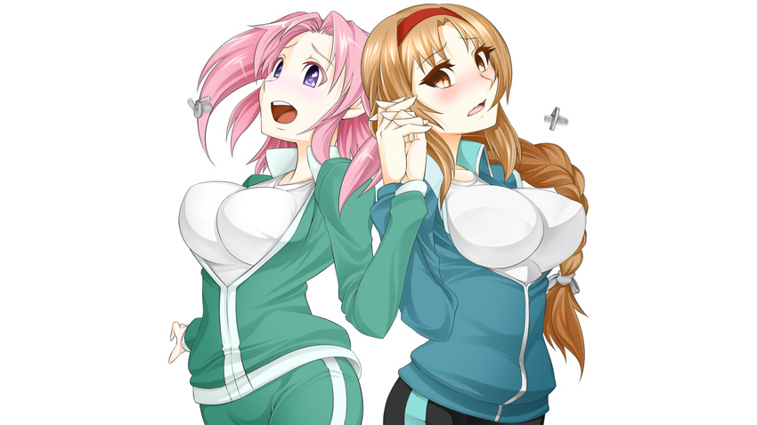 2girls blush braids breasts brown_hair d-fragments gym_uniform headband hissa_yossa long_hair mikakunin_de_shinkoukei orange_eyes pink_hair purple_eyes takao_buchou yonomori_kobeni