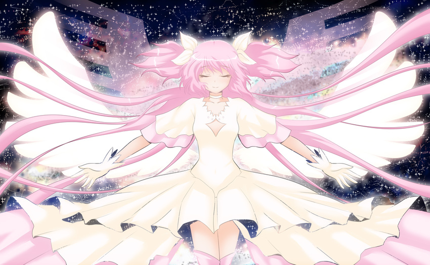 bad_id bad_pixiv_id closed_eyes commentary_request dress female gloves highres kaname_madoka light_smile long_hair mahou_shoujo_madoka_magica mahou_shoujo_madoka_magica_(anime) outstretched_arms pink_hair shima-shuu solo space sparkle spoilers spread_arms two_side_up ultimate_madoka white_dress white_gloves wings