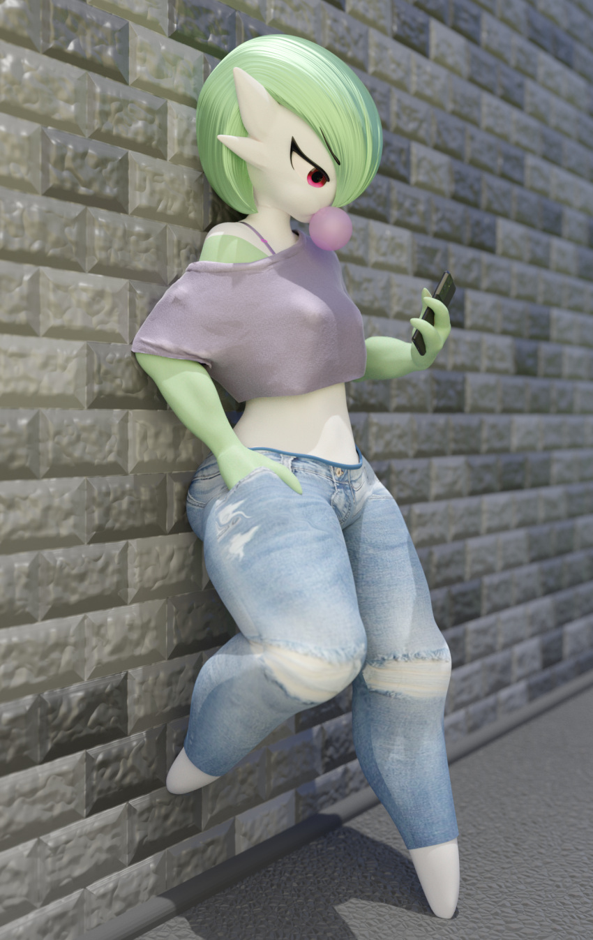 1girls 3d anthro breasts bubble_gum female female_gardevoir female_only gardevoir green_hair hips jeans nintendo phone pokémon_(species) pokemon pokemon_rse small_breasts solo solo_female thick thick_thighs thighs tradelt wide_hips