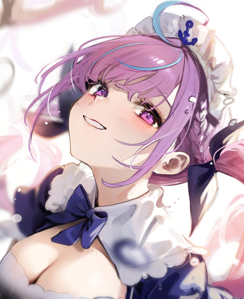 anchor_hair_ornament blue_bow blue_dress blue_hair bow braid breasts choppy_bangs cleavage cleavage_cutout clothing_cutout cropped_torso dokuro_deluxe dress female hair_ornament highres hololive large_breasts light_blush looking_at_viewer maid maid_headdress minato_aqua multicolored_hair purple_eyes purple_hair side_braid sidelocks smile streaked_hair twintails virtual_youtuber